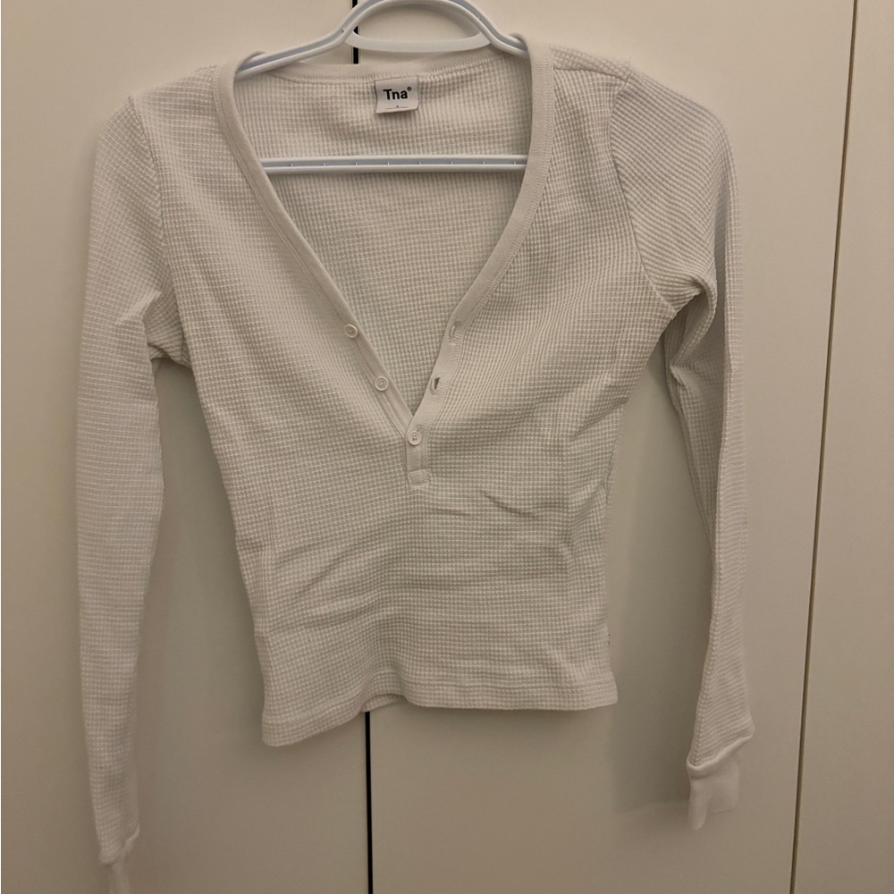 TNA White Waffle Henley Long Sleeve Top